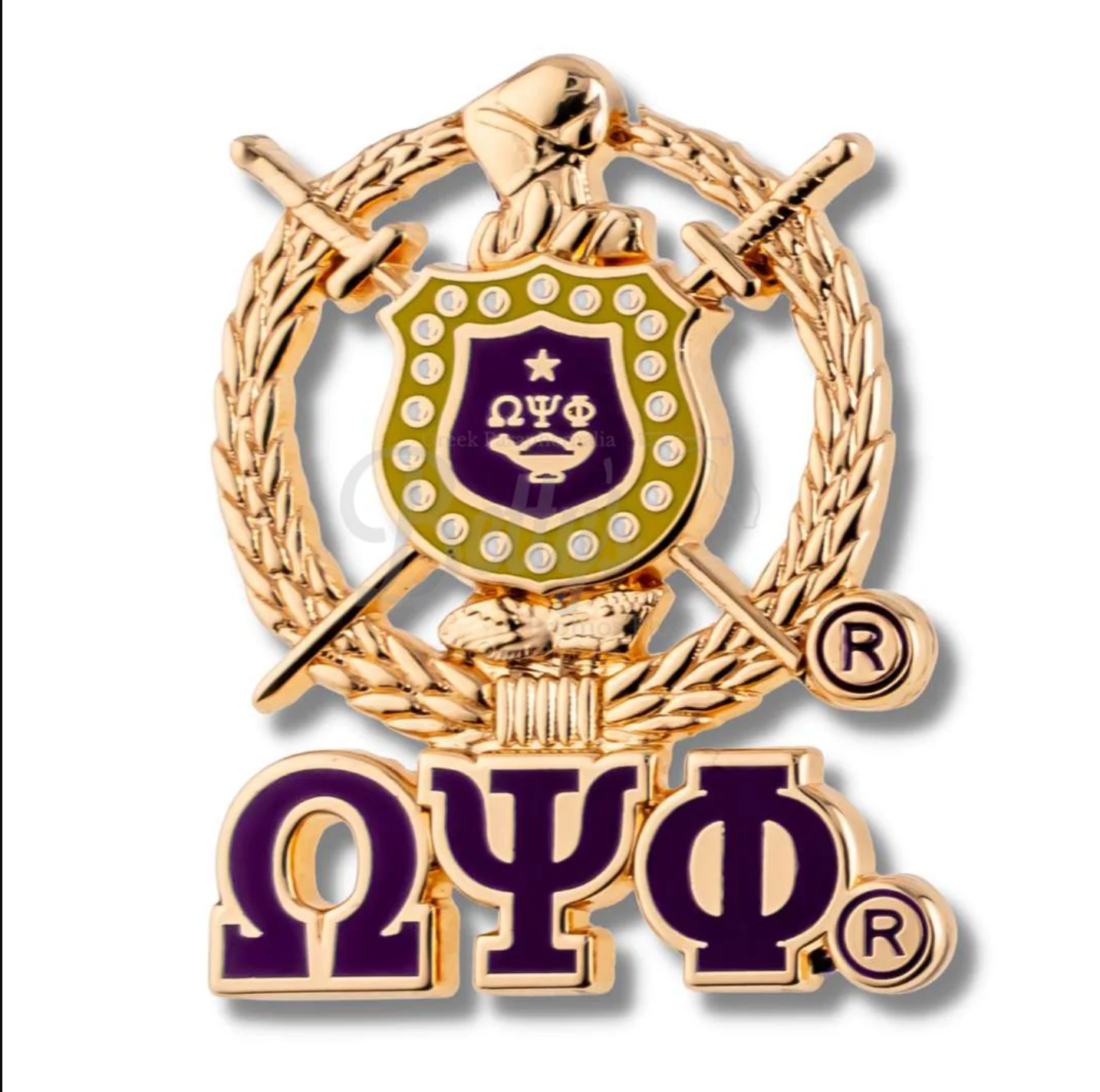 Omega Psi Phi 3D Gold Shield with Letters Pin